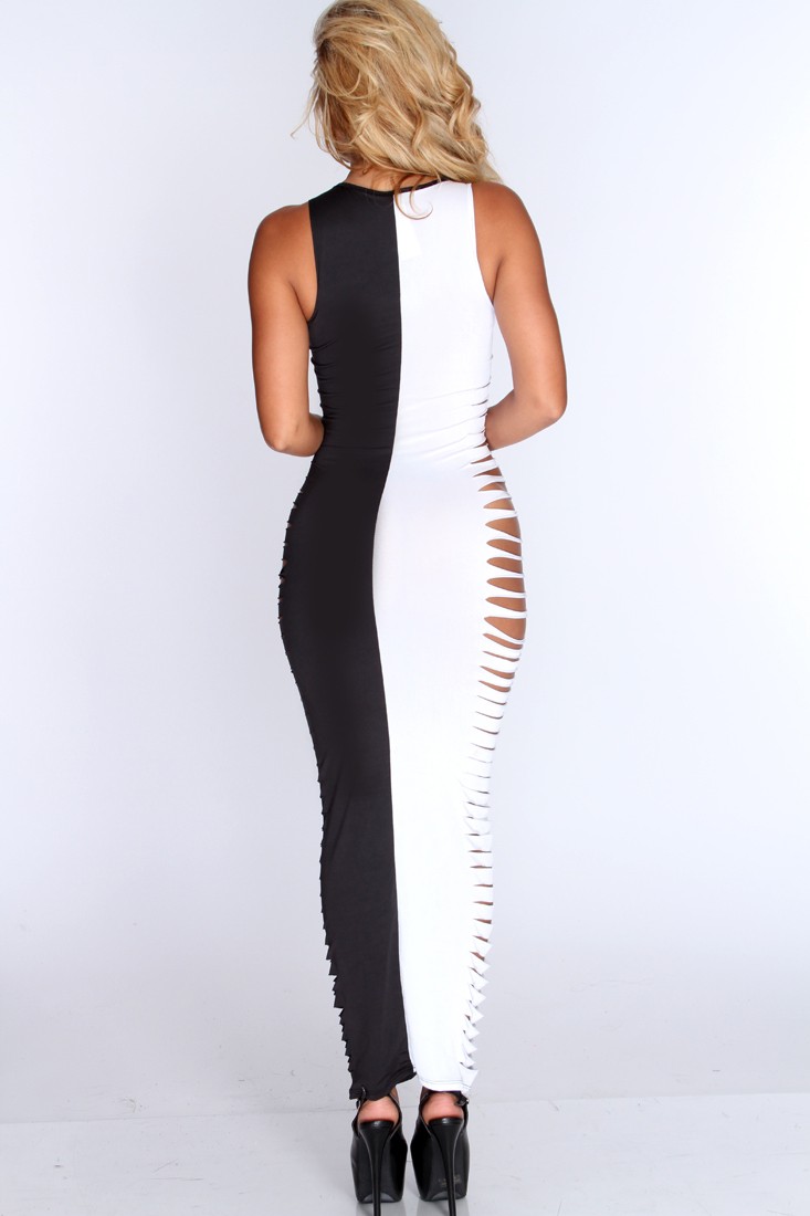 F5056-1 Hot White Black Razor Cutout Sides Sexy Maxi Dress